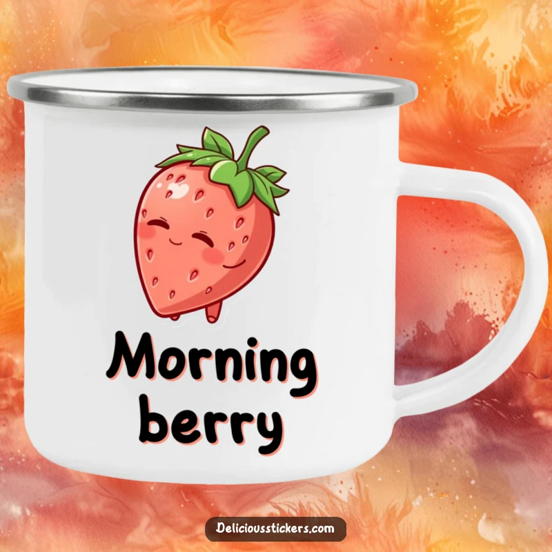 Funny Camping Mug: A charming strawberry character tipping its leafy hat and winking, ready for any outdoor adventure with a sweet spirit.