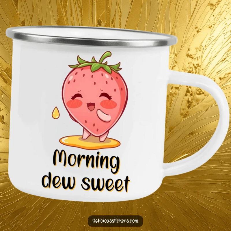 Funny Camping Mug: A blushing strawberry character reaching for a syrup drop, bringing cartoon sweetness to outdoor drinks.