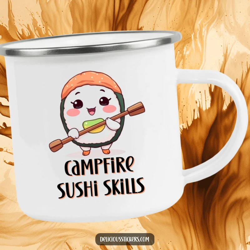 Funny sushi wanderer mug showing a joyful sushi character balancing a tiny paddle on its nose, ready for camping.