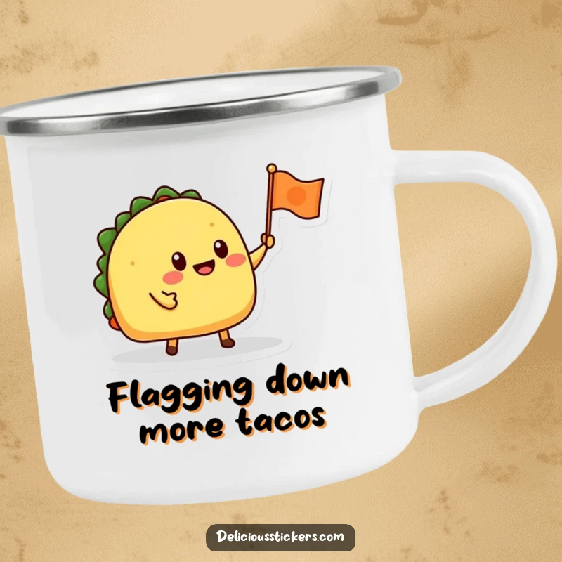 Funny enamel camping mug with a cheerful taco character waving a small flag, designed for outdoor use.
