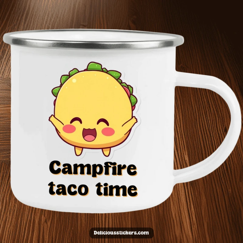 Funny camping mug with an excited taco character with wide eyes, cheering loudly, built for outdoor fiestas and laughs.