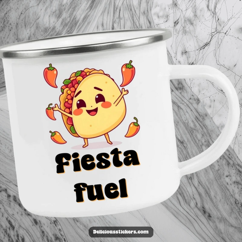 Funny Camping Mug: A determined taco character juggles small peppers, ready for any outdoor culinary adventure with a spicy flair.