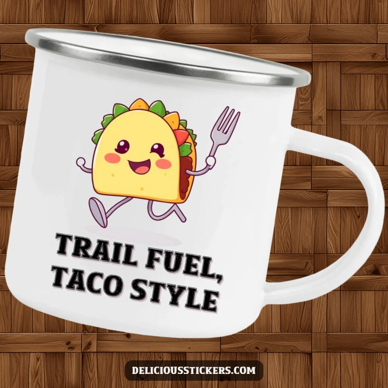 Funny camping mug with a happy taco character running with fork and spoon, ready for adventure.
