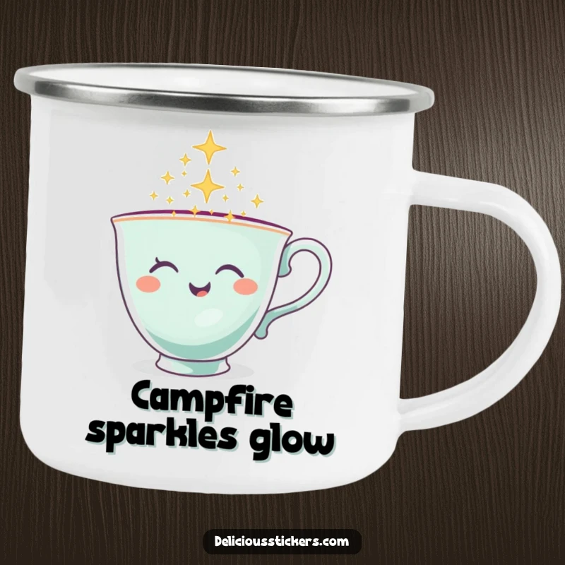 Funny Teacup Camping Mug featuring a winking teacup character pouring sparkles, perfect for outdoor magic.
