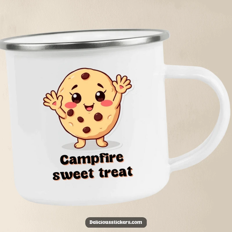 Funny camping mug with a friendly waving cookie character with chocolate chip freckles, ideal for sweet treats and outdoor adventures.
