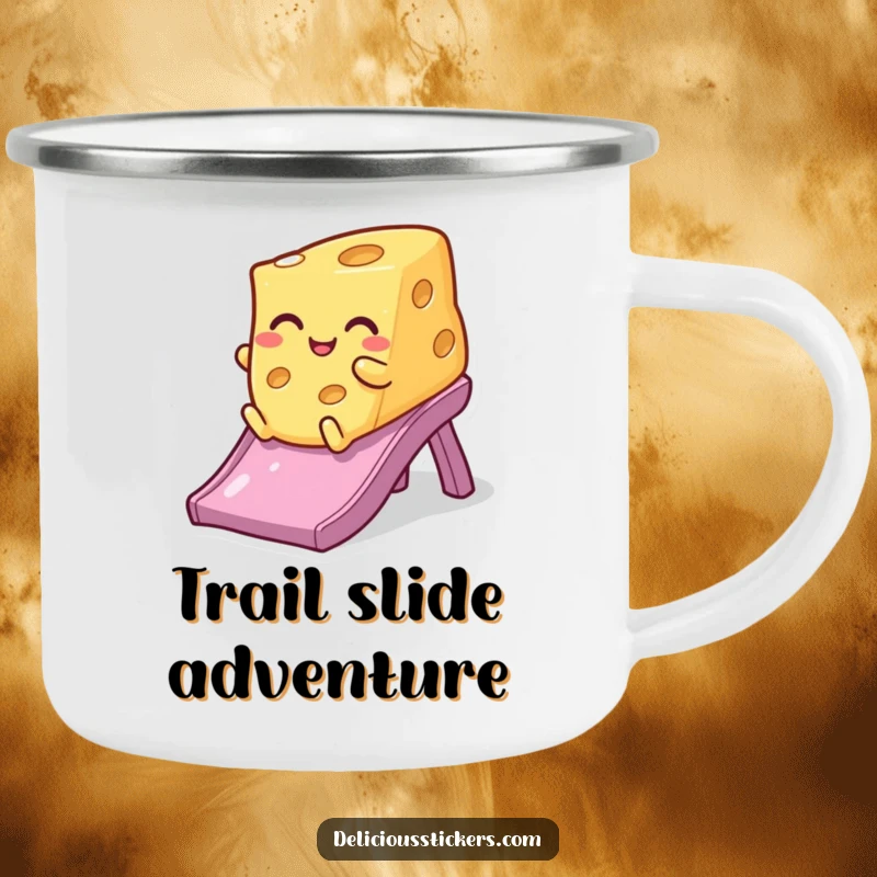 Funny winking cheese camping mug, gleefully sliding down a slide, ready for outdoor fun with a cheesy wink.