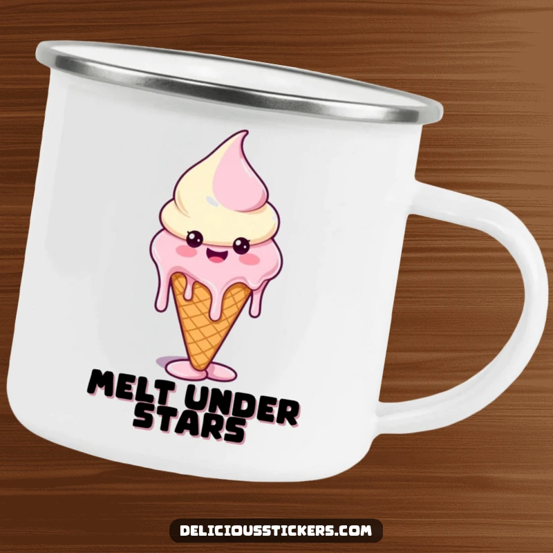 Funny camping mug depicting a melting ice cream cone with funny drip shapes, perfect for outdoor fun and dessert lovers.