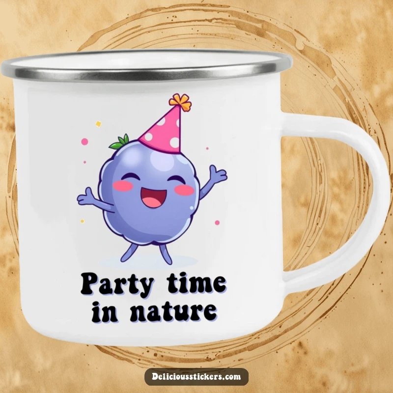Funny enamel camping mug with a laughing blueberry wearing a party hat and dancing, designed for outdoor use.