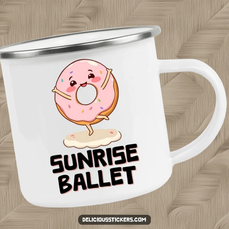 Funny camping mug with a joyful donut character doing a ballet twirl on frosting, perfect for sweet-toothed adventurers.