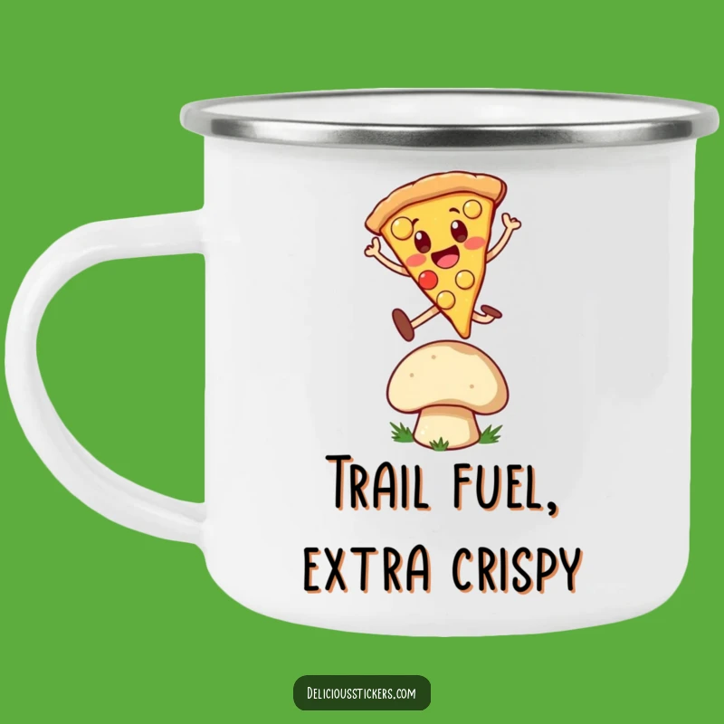 Funny Pizza Leap Camping Mug: Cheerful Slice Jumps Over Mushroom, Outdoor Gift!