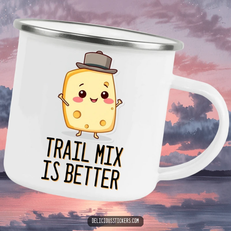 Funny Cheese Wedge Camping Mug featuring a smiling cheese character with a hat, ideal for outdoor fun.