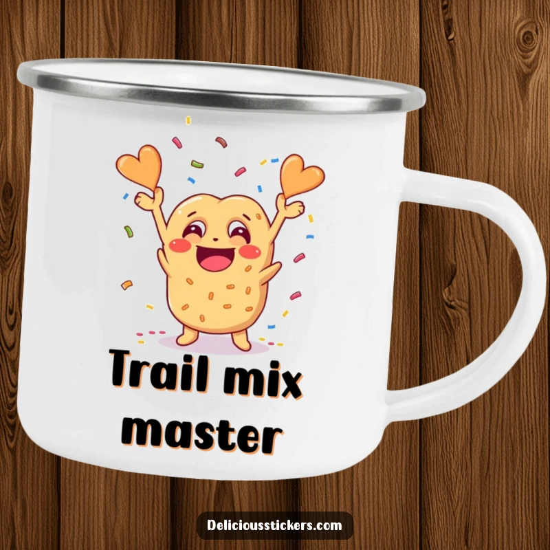 Funny pretzel character throwing confetti on a camping mug, perfect for outdoor adventures with cheesy humor.