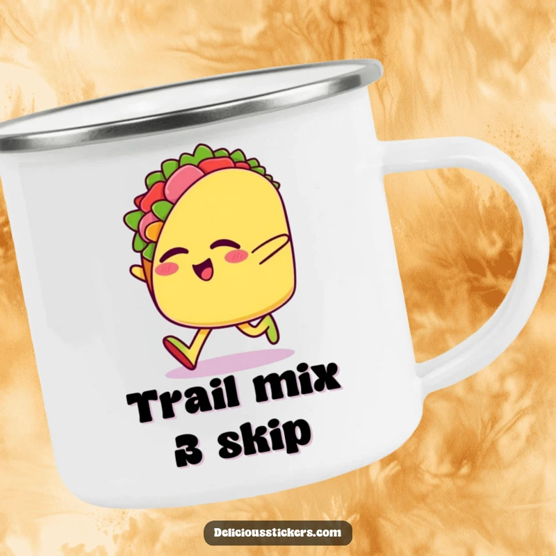 Funny camping mug featuring a happy taco character doing a funny sideways skip with eyes closed, perfect for outdoor fun.
