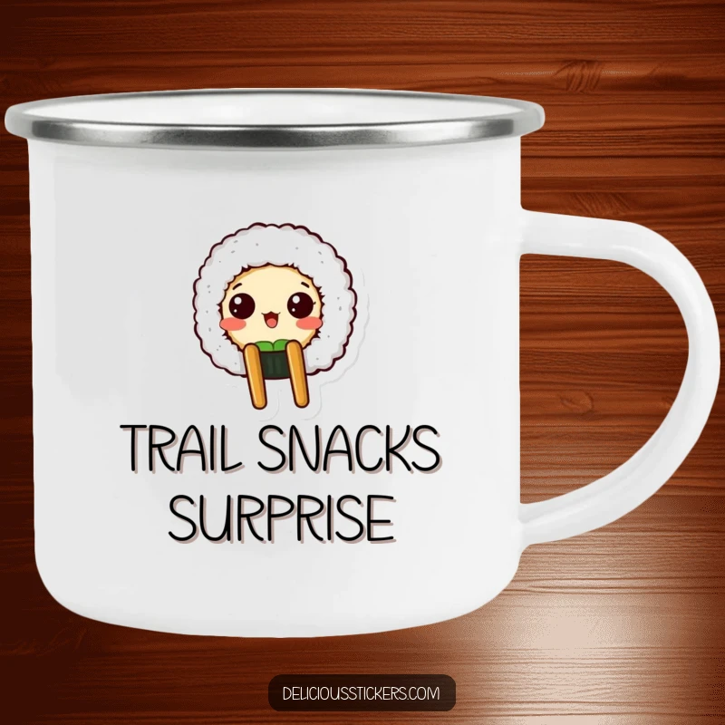 Funny camping mug with a surprised sushi roll character peeking from a chopstick holder, perfect for sushi-loving campers.