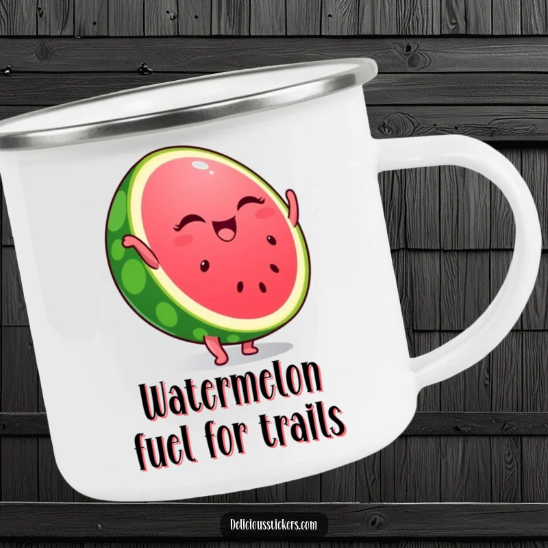 Funny camping mug with a winking watermelon slice performing a handstand, ideal for enjoying beverages outdoors with a splash of summer playfulness.