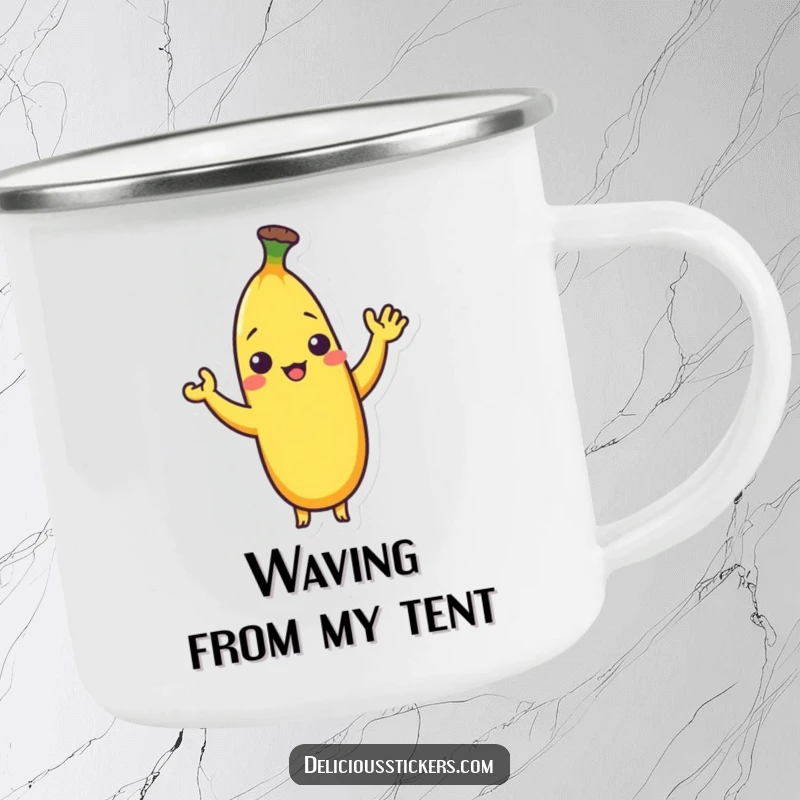 Funny enamel camping mug with a shy banana character giving a small wave, designed for outdoor use.