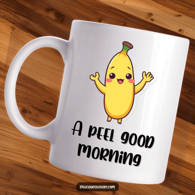 Funny mug featuring a cute, shy banana character hesitantly giving a small, silly wave, looking bashful.