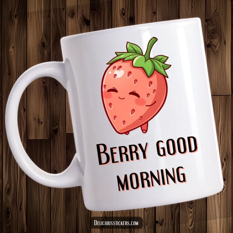 Funny Mug: A cheerful strawberry character with a leafy hat tips it playfully and winks, exuding charm and merriment.