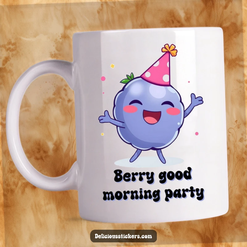 Funny mug with a laughing blueberry character wearing a party hat and dancing with pure glee.