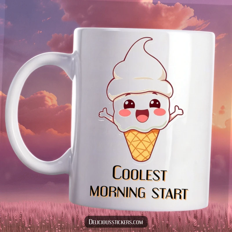 Funny Mug featuring an excited ice cream cone character wearing a cone hat, looking delighted and ready for a treat.