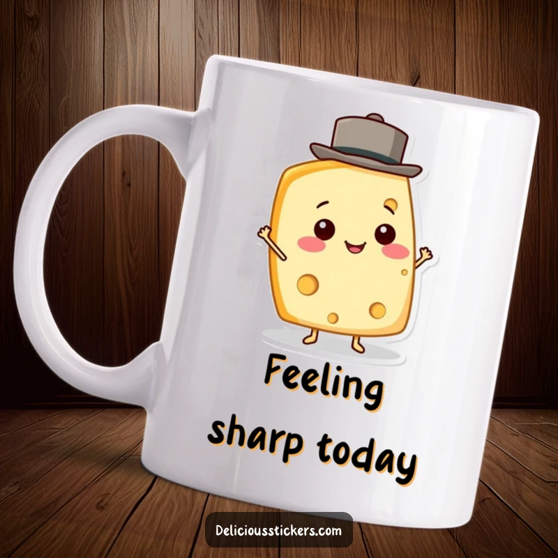 Funny Cheese Wedge Mug featuring a smiling cheese character adorably balancing a tiny hat, radiating pure joy.