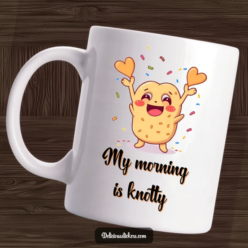 Funny pretzel mug with a big grin throwing confetti, celebrating joy and deliciousness with a party vibe.