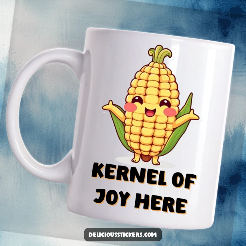 Funny mug featuring a cheerful corn cob character with outstretched arms, eagerly offering a warm, veggie-powered hug.