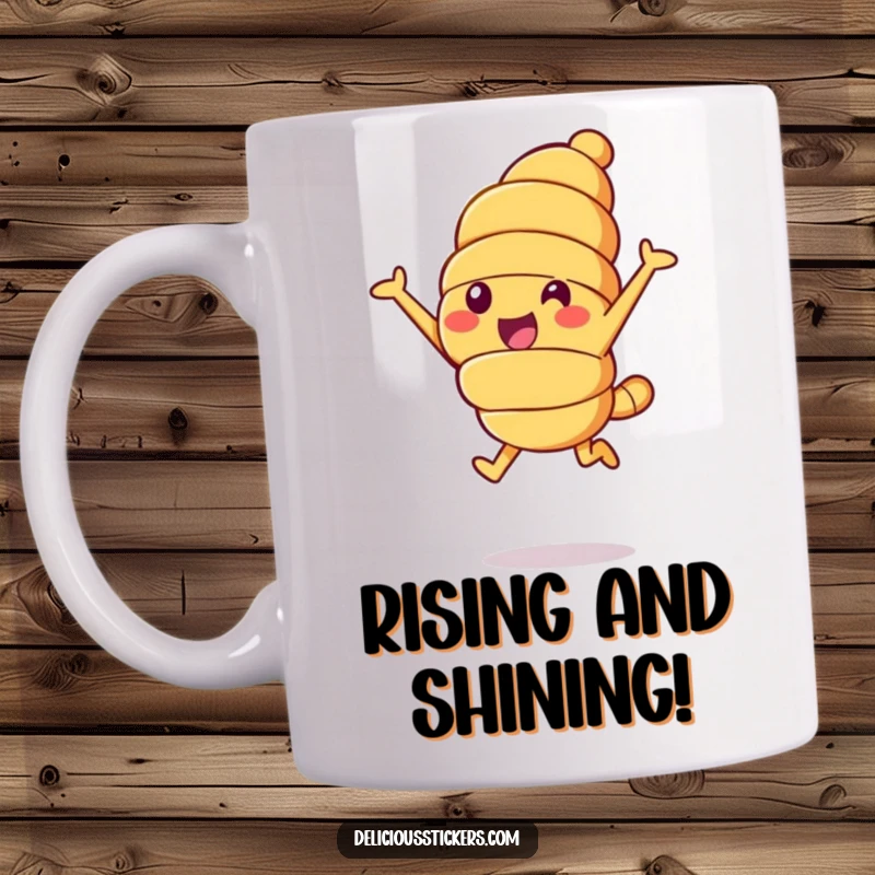 Funny croissant character mug, a cheerful croissant leaping joyfully into the air, symbolizing happiness.