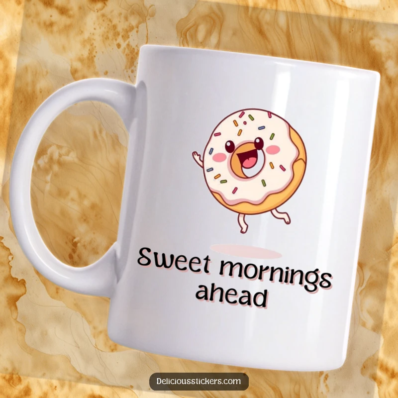 Funny donut mug with sprinkles doing a cartwheel, a cartoon character celebrating sweetness, a perfect funny treat gift.