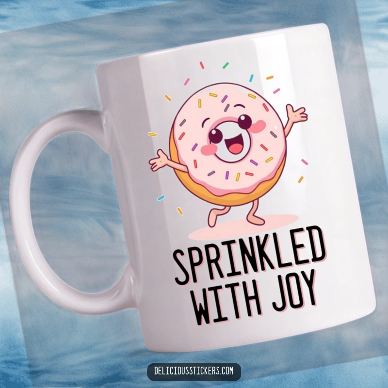 Funny mug featuring a cheerful donut character doing a silly dance with colorful sprinkles flying.