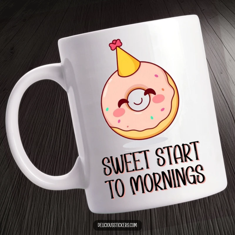 Funny mug showcasing a giggling doughnut character wearing a festive party hat, radiating pure sugary happiness and celebration.