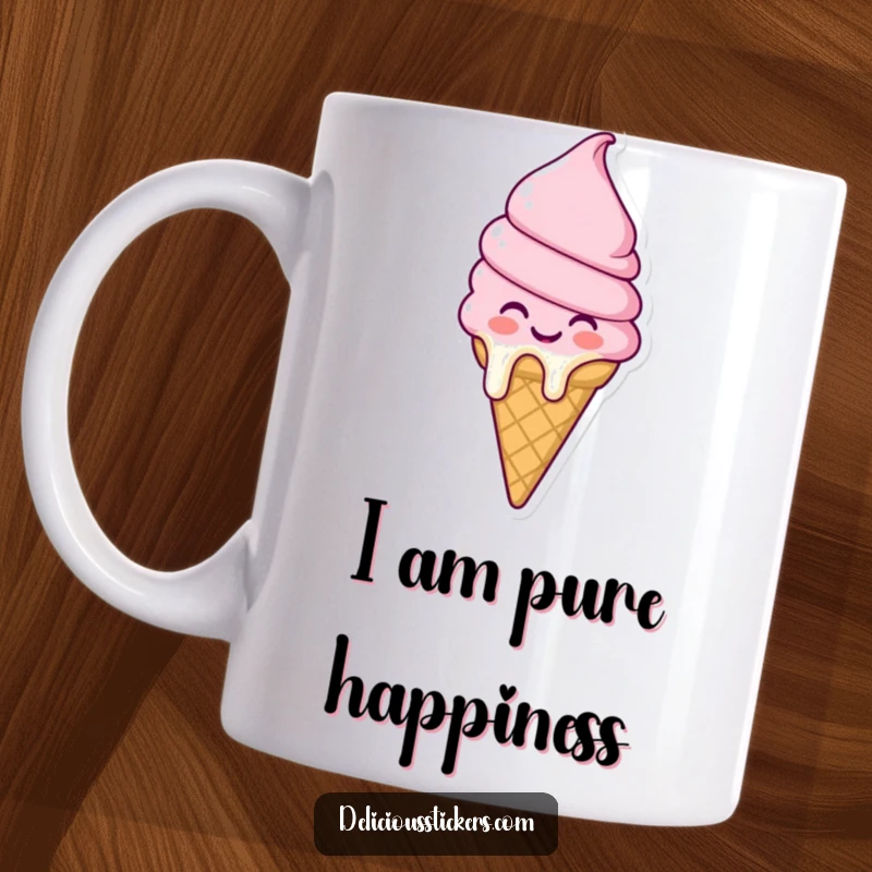 Funny ice cream cone mug character melting with pure joy and happiness, depicting a sweet and delightful moment of bliss.