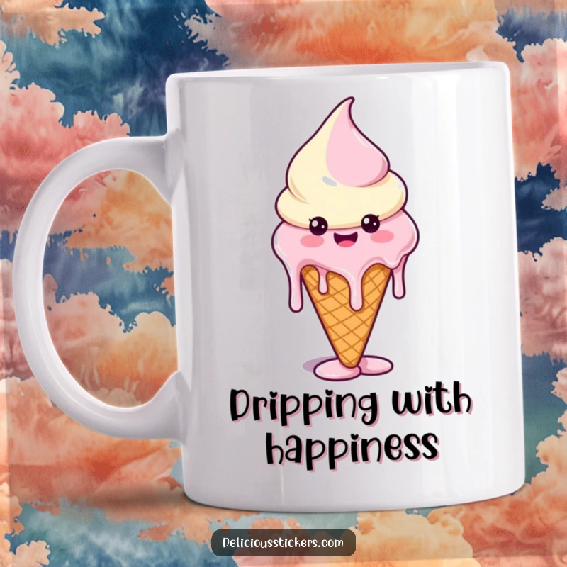 Funny mug featuring a happy ice cream cone with melting drips creating whimsical, funny shapes, embodying pure delight.