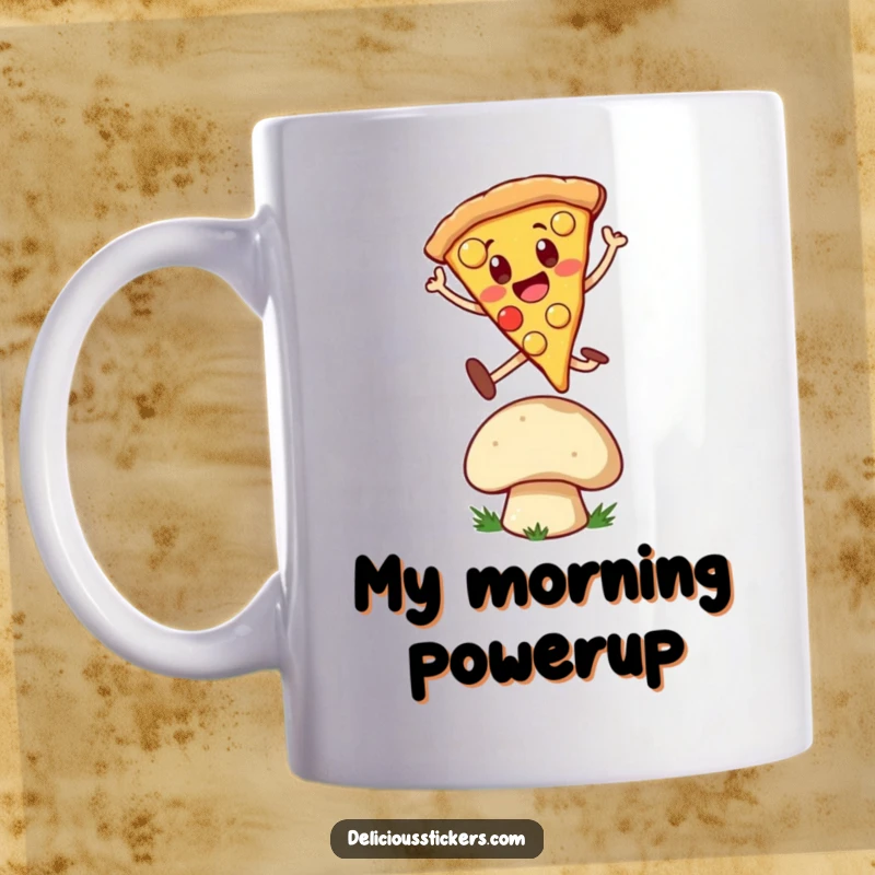Funny Mug: Cheerful pizza slice character gleefully leaping over a mushroom, showcasing pure cartoon joy and a love for adventure.