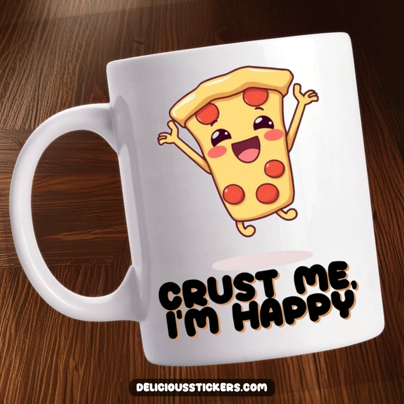 Funny pizza slice mug jumping with joy, a cartoon character celebrating deliciousness, a perfect funny food gift.
