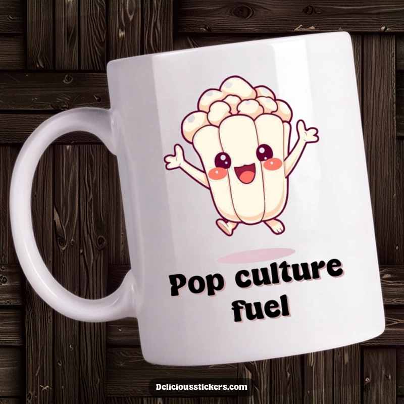 Funny popcorn kernel mug, depicted as a delighted character jumping with pure excitement and joy, ready for movie time.