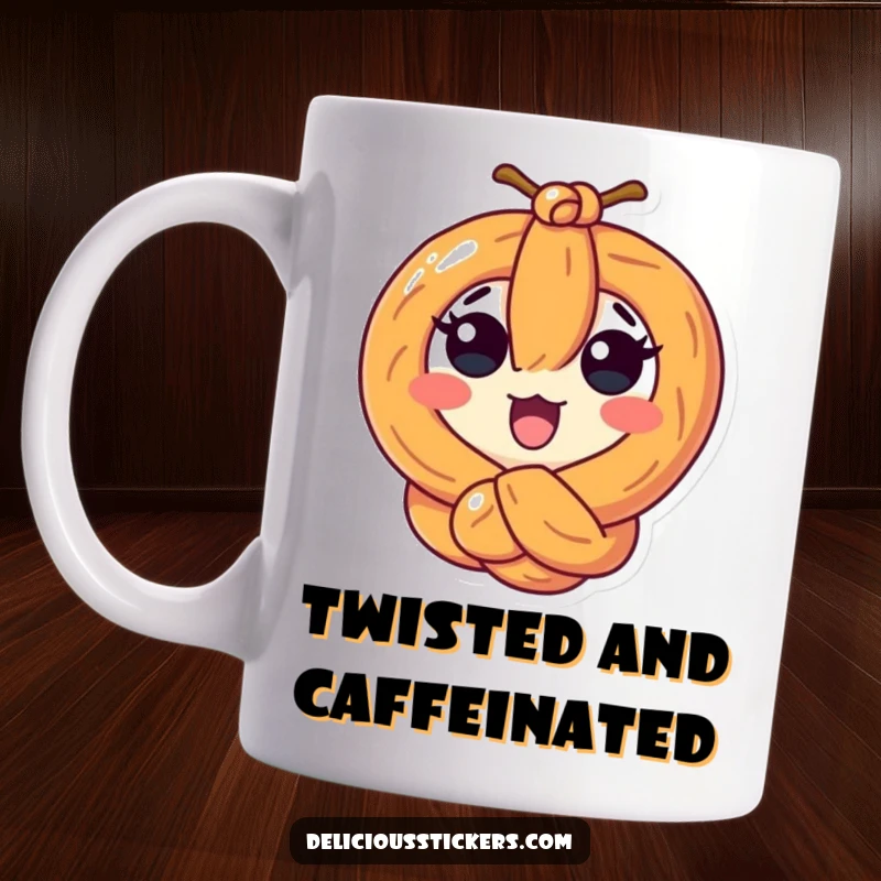Funny surprised pretzel character tied in a knot on a mug, perfect for adding humor to your coffee break.