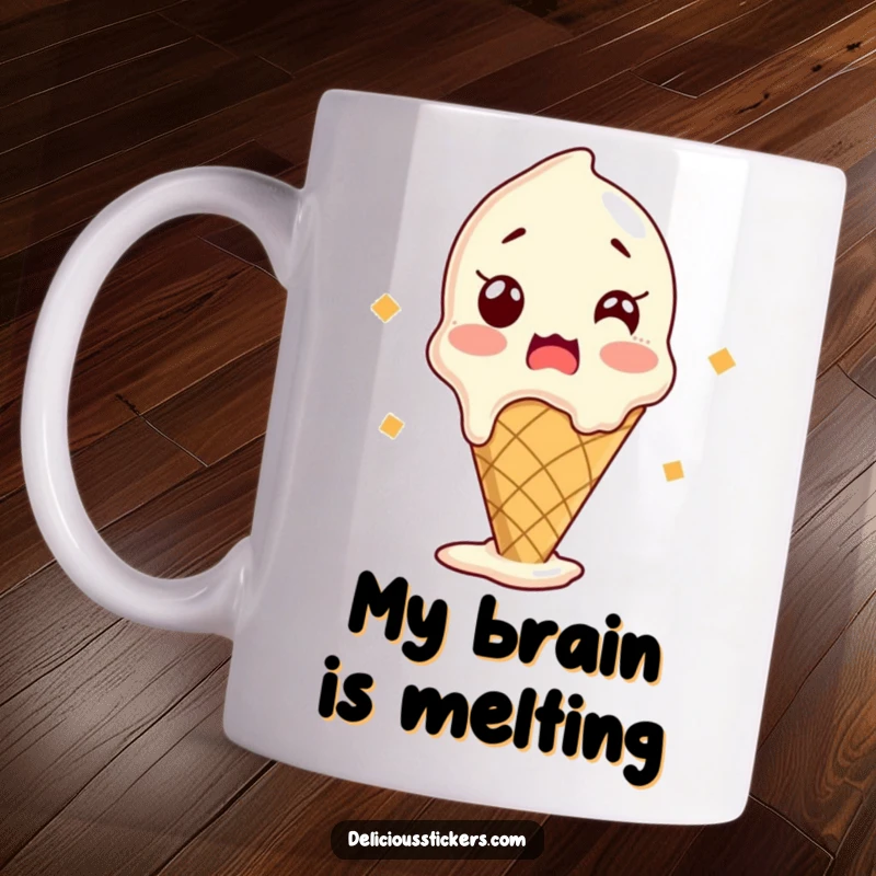 Funny mug featuring a shocked ice cream cone slightly melting, symbolizing pure excitement and dessert cravings with humor.