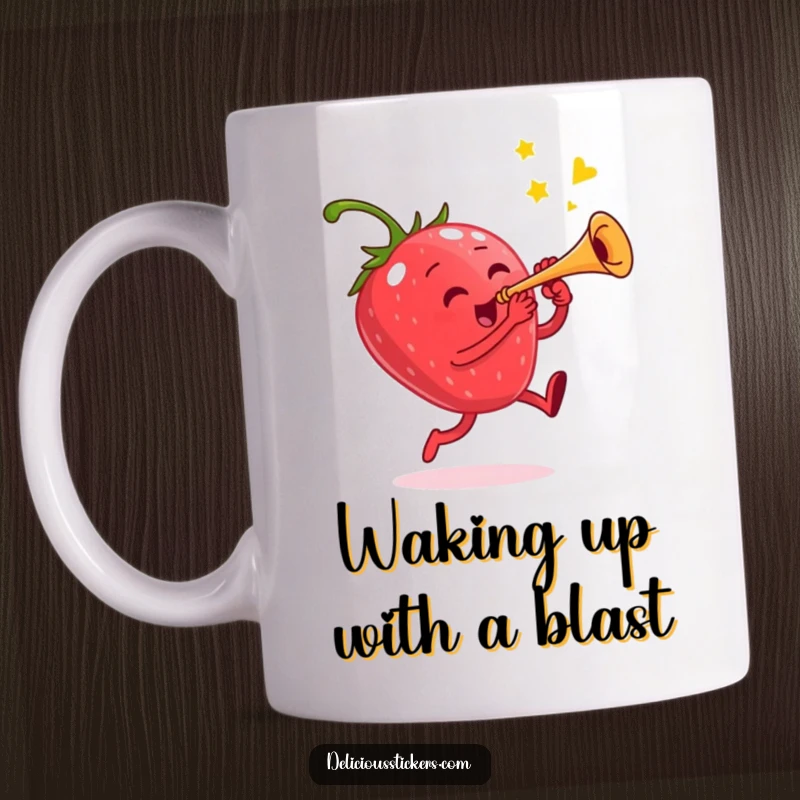 Funny mug depicting a joyous, jumping strawberry character enthusiastically playing a miniature trumpet, full of energy.