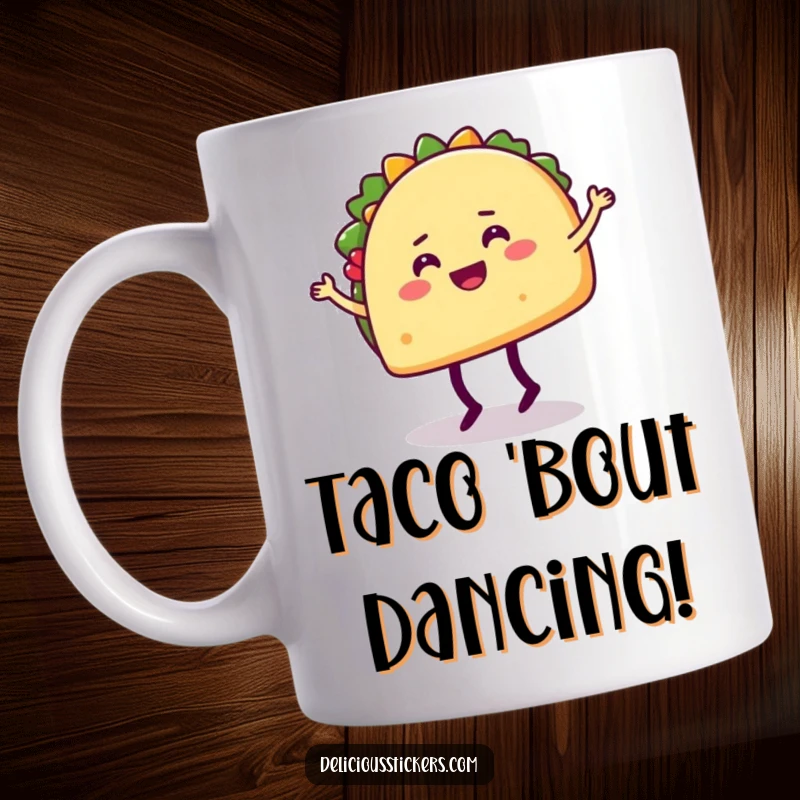 Funny mug featuring a cheerful taco character performing a hilarious dance move with its legs.