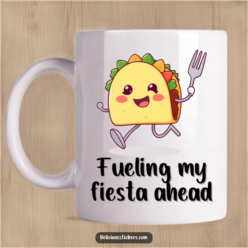 Funny mug featuring a joyful taco character sprinting with a fork and spoon, ready for a tasty meal.