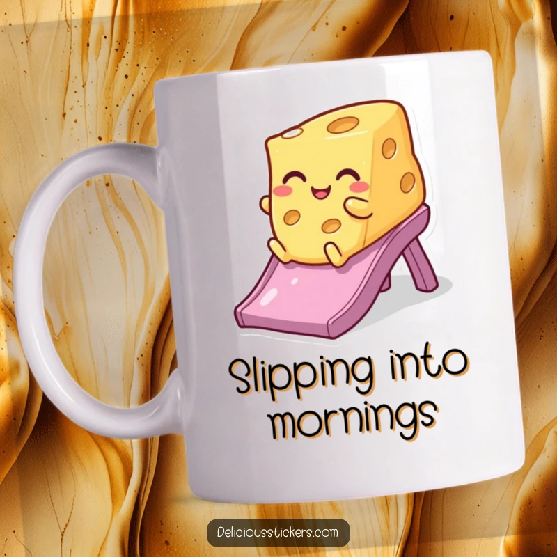 Funny winking cheese mug, gleefully sliding down a colorful slide with a mischievous grin, pure dairy delight.
