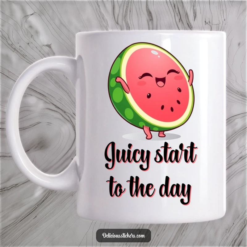 Funny mug showing a winking watermelon slice performing a handstand, radiating a fun-loving and energetic summer attitude.