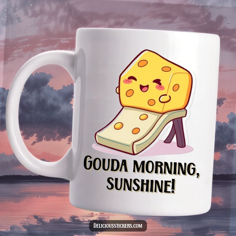 Funny winking cheese mug, a slice of cheese with a playful wink slides down a colorful slide, exuding pure fun.