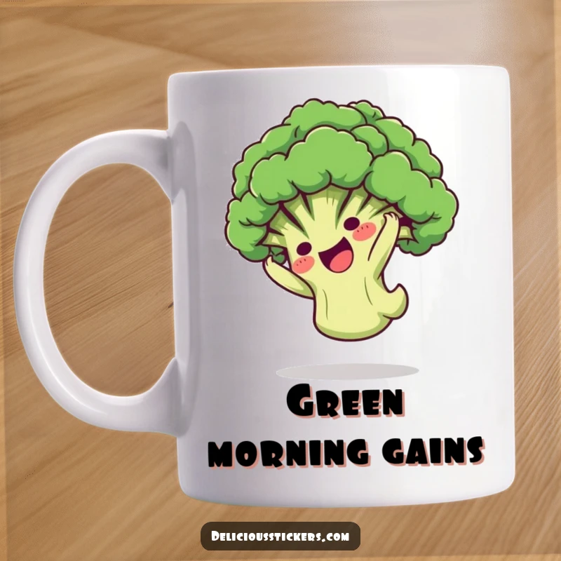 Funny Mug: A playful broccoli floret character energetically doing a somersault, radiating cartoon fun and healthy vibes.