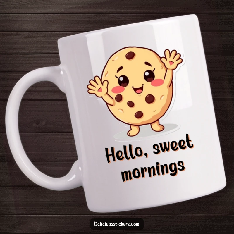 Funny cookie mug featuring a friendly waving character with chocolate chips like freckles, a cheerful and sweet design.