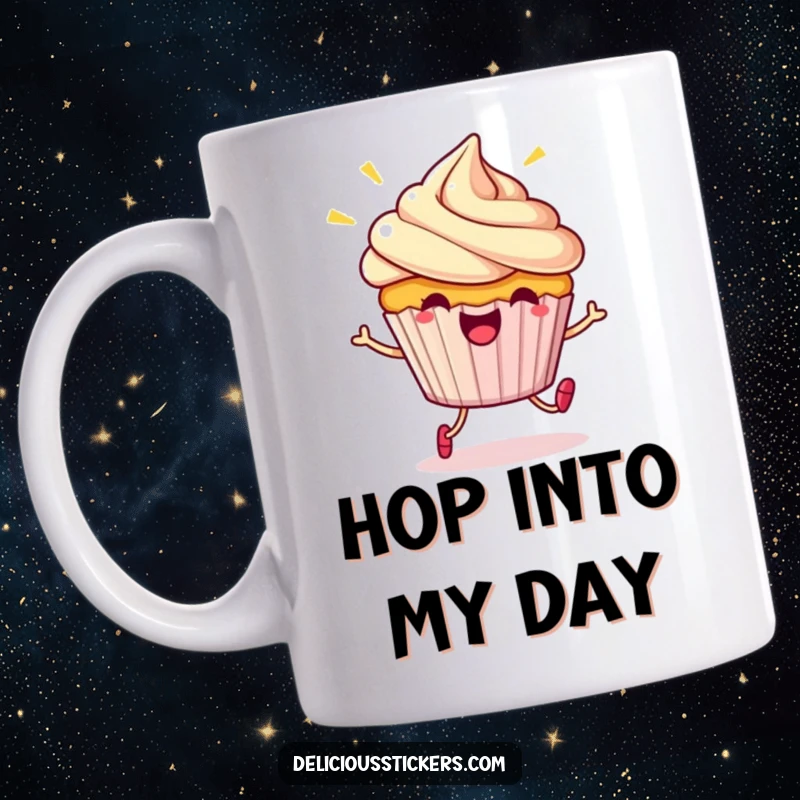 Funny Mug: A beaming cupcake character joyfully doing a little hop, radiating happiness and sweet energy.