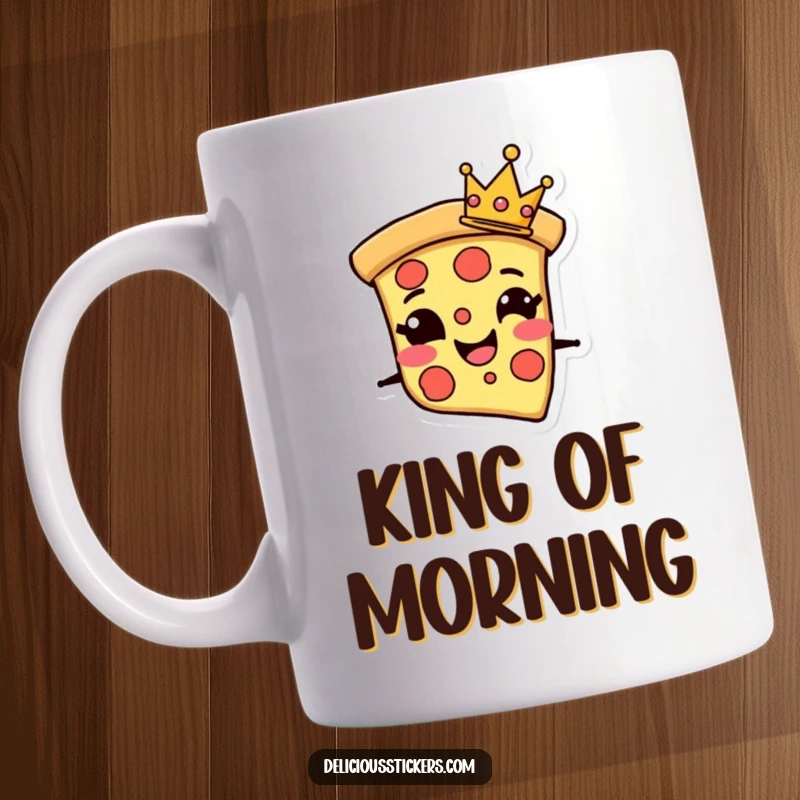 Funny Mug with a grinning pizza slice character wearing a tiny crown, exuding cheesy confidence and regal charm.