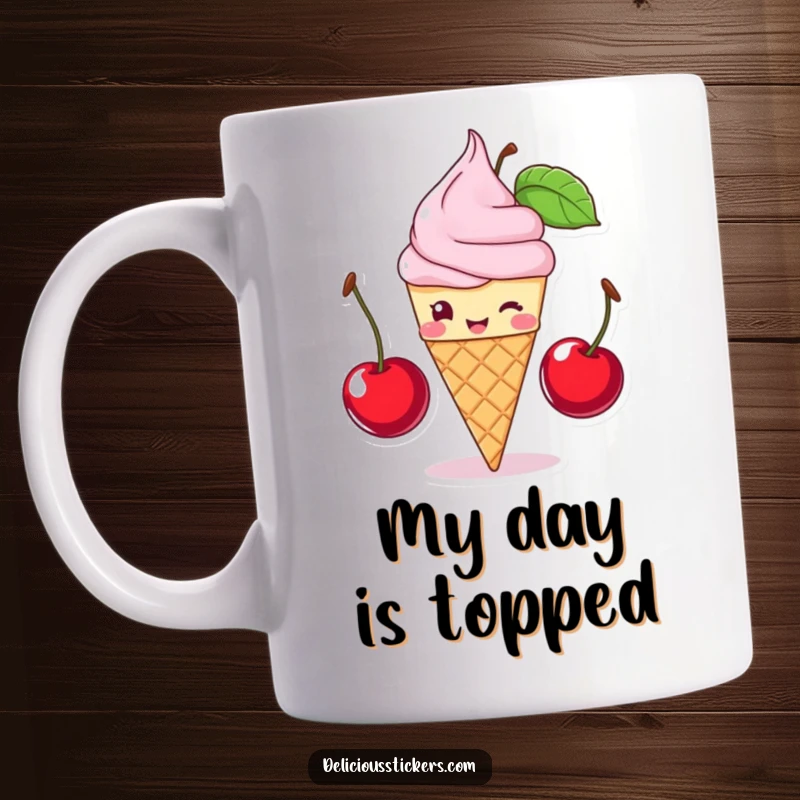 Funny winking ice cream cone character precariously balancing two large cherries, this mug is a humorous dessert-themed gift.