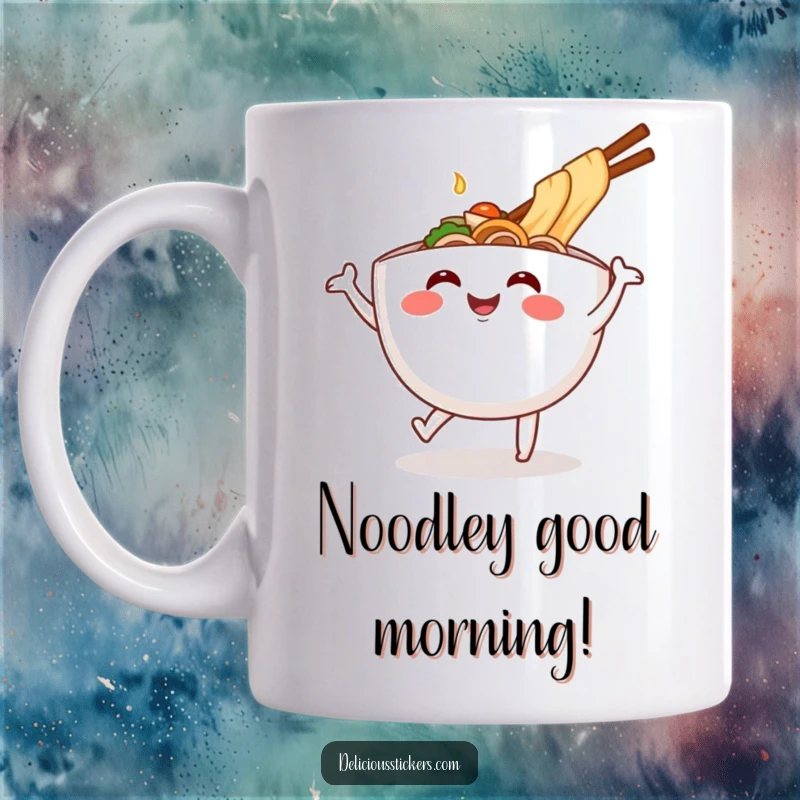 Funny ramen bowl mug dancing with joy, a cartoon character celebrating noodles, perfect for a foodie gift.